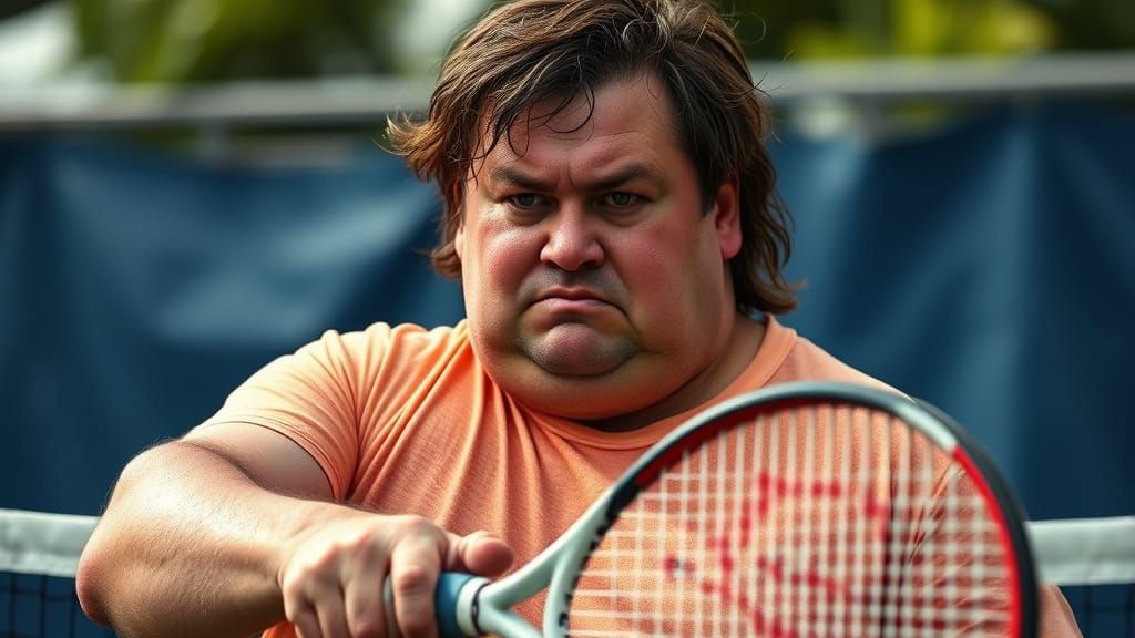 Sweaty Overweight Man in Full Tennis Swing