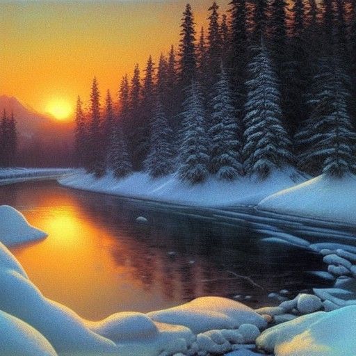 Winter Sunset in a Surreal Cyberpunk Landscape