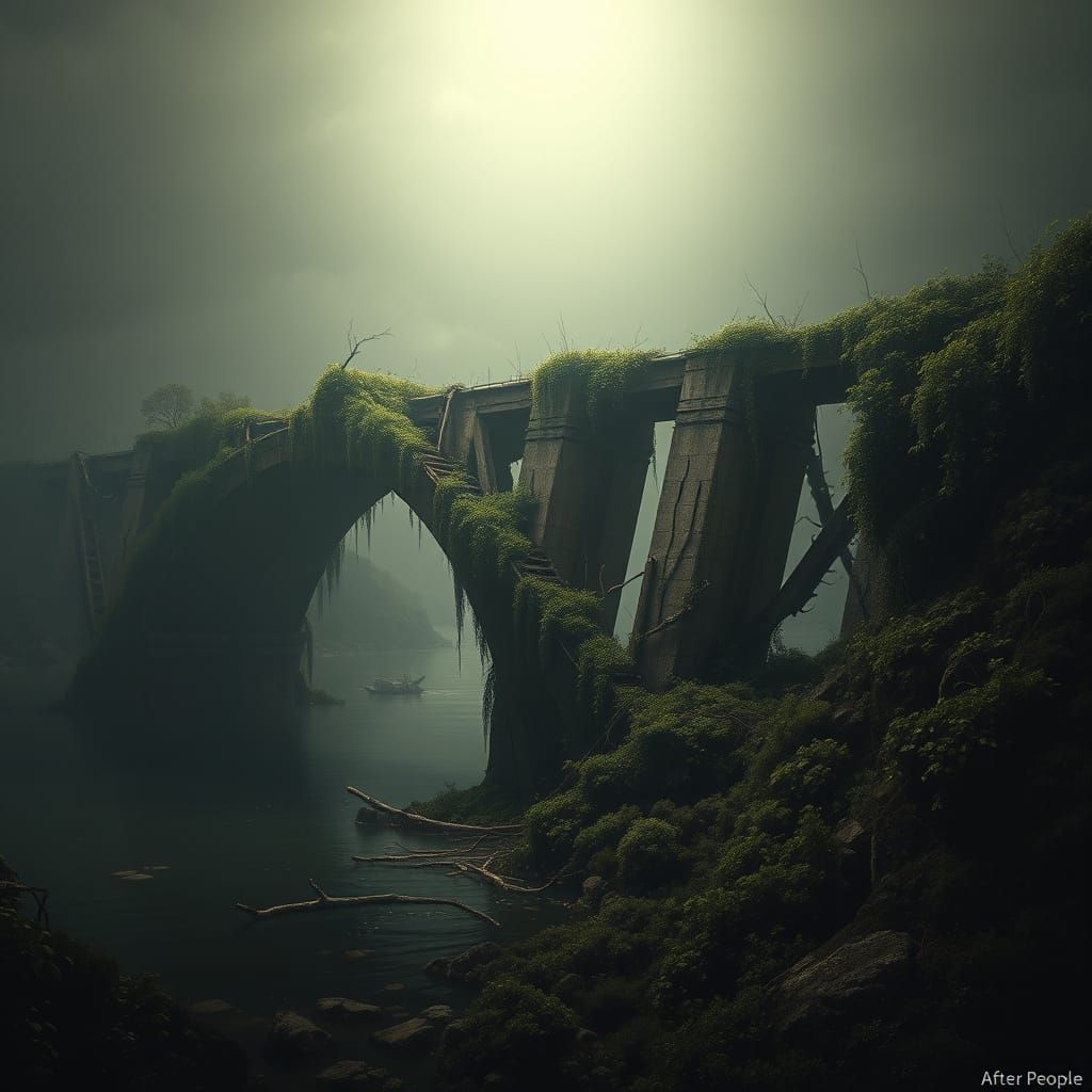 Overgrown Collapsed Bridge in Desolate Landscape