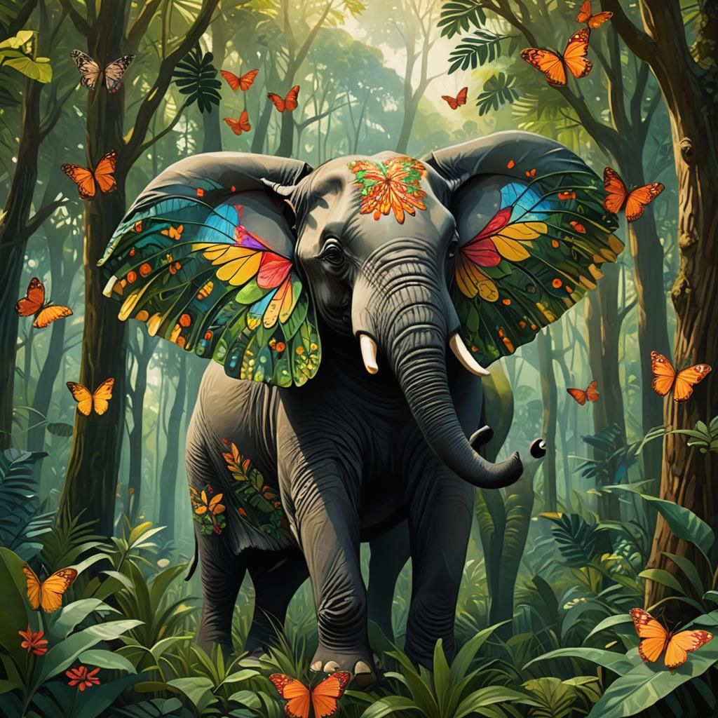 Elephant with Butterfly Wings in Naïve Art Style