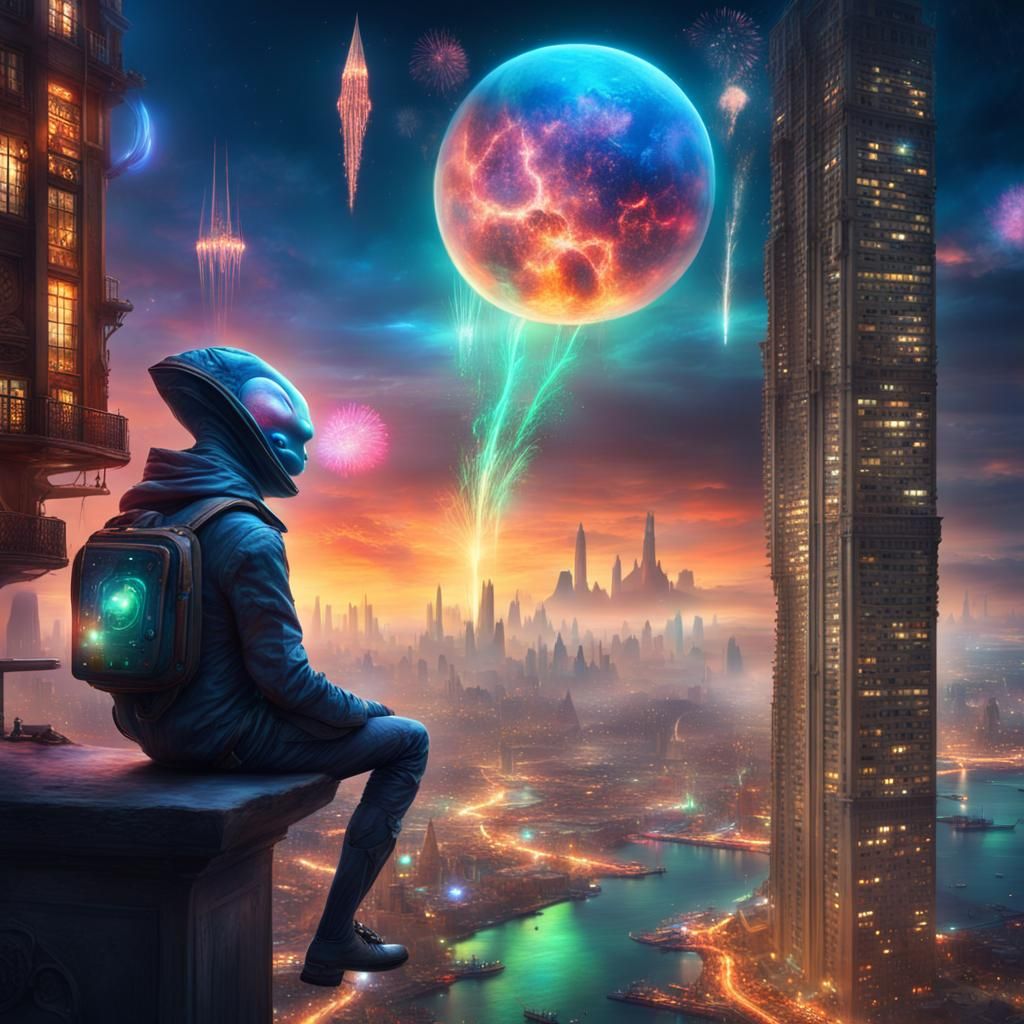 Alien Overlook: Futuristic Cityscape Under Fireworks