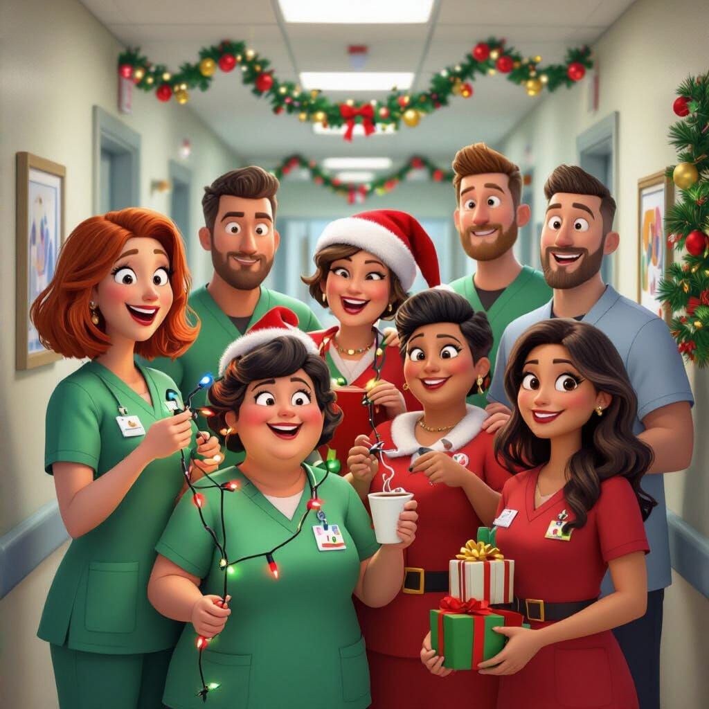 Healthcare Team's Chaotic Christmas Photo in Pixar Style