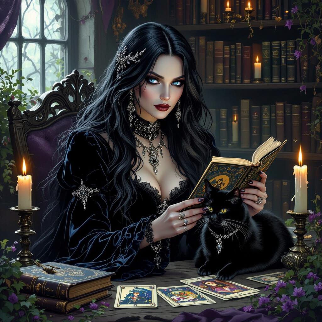 Gothic Witch Reading Tarot Cards in Dark Fantasy Style