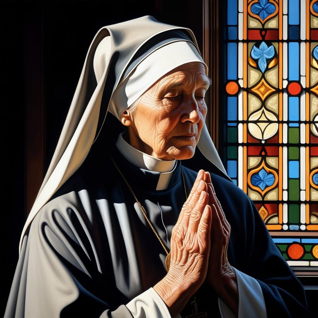 Tranquil Nun in Golden Hour, European Stained Glass Style