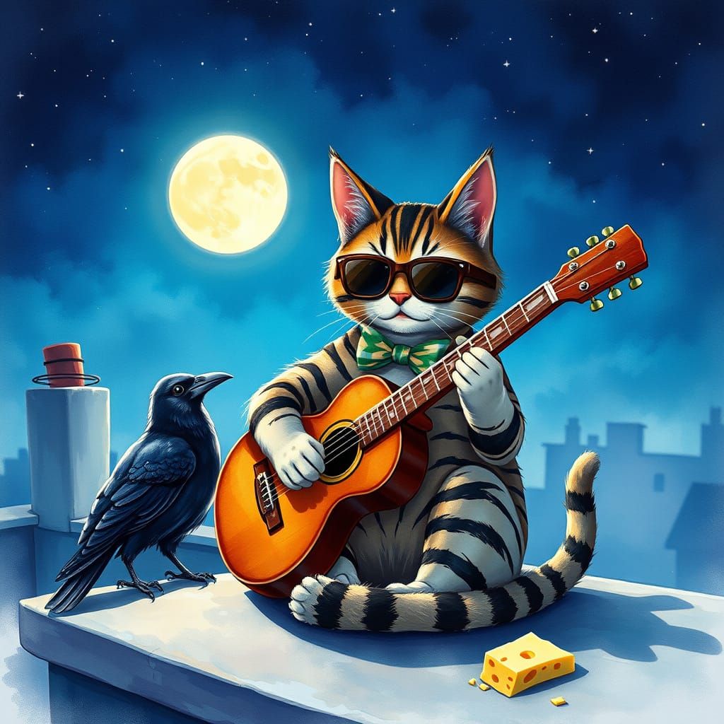 Cat Plays Guitar on Rooftop in Watercolor Anime Style