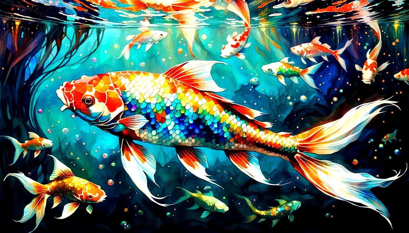 Iridescent Koi Fish Underwater Mosaic