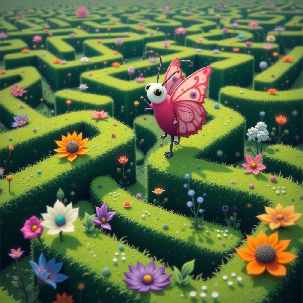 Butterfly Lost in Hedge Maze: Digital Art