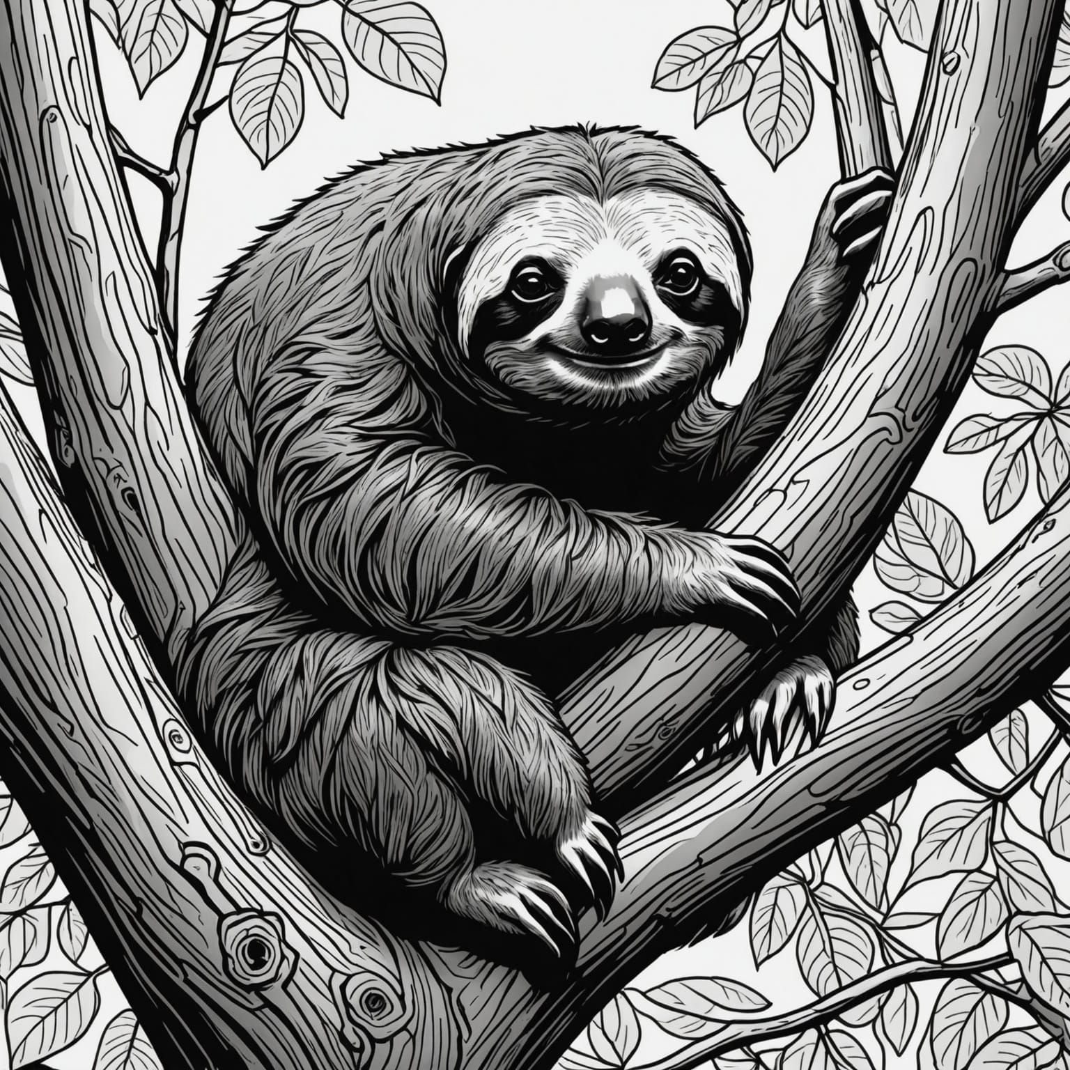 Line Art Sloth in Tree Sketch