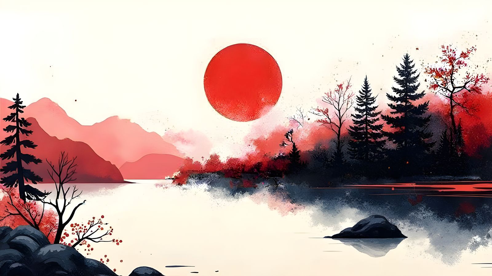 Minimalist Japanese Landscape in Red, Black, and White