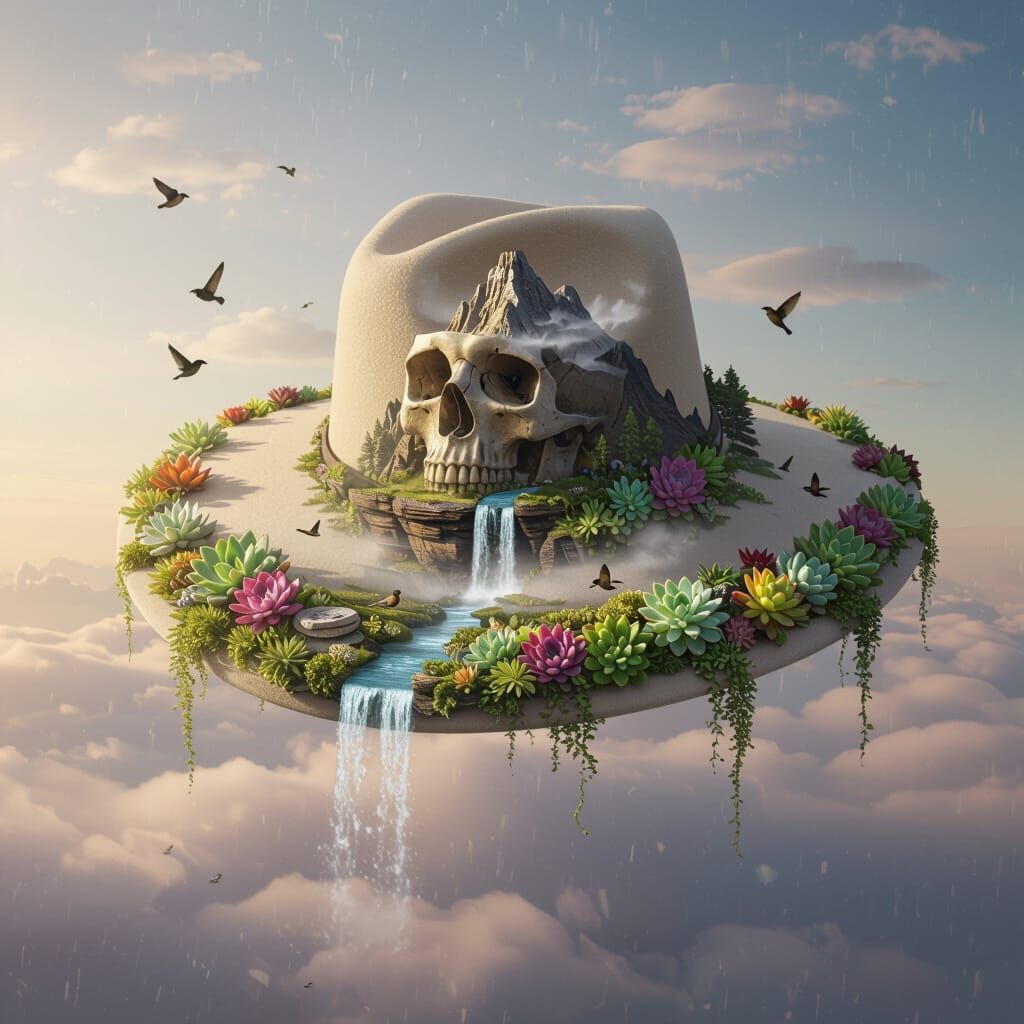 Surreal Hat with Miniature Biome in Cloudy Sky