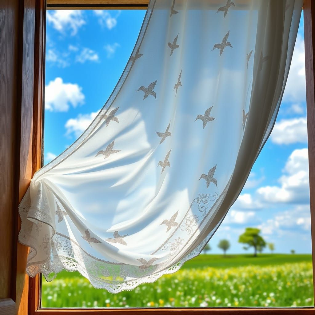 Whimsical White Lace Curtain Caught in Spring Breeze