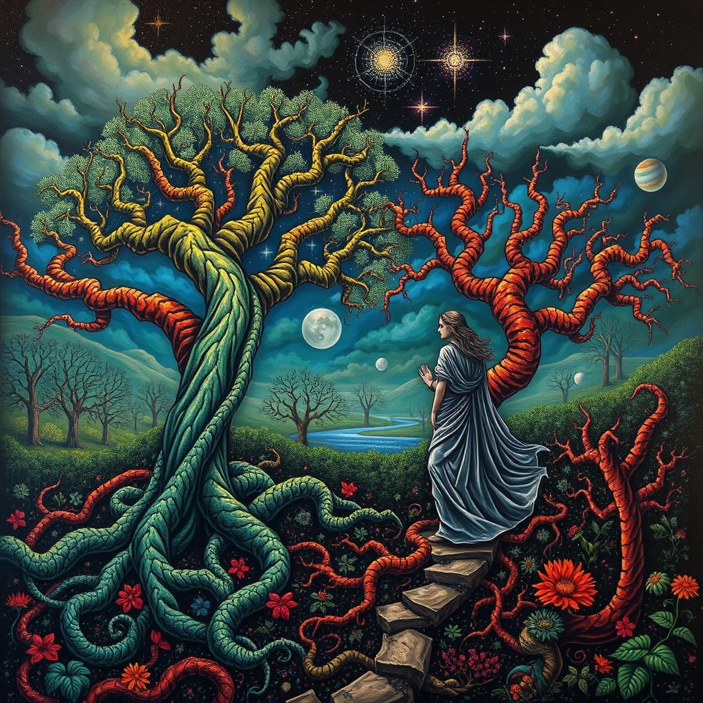 Adam and Eve in Surreal Garden Paradise