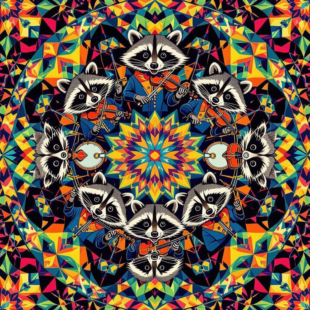 Kaleidoscope Raccoon Orchestra in Symmetrical Style