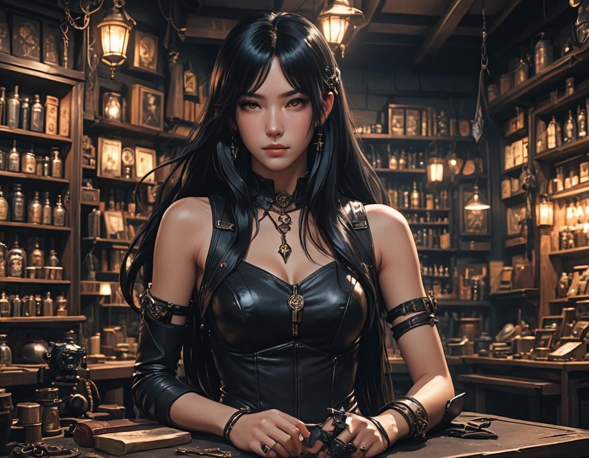 Woman in Black Magic Shop: Dark Fantasy Art