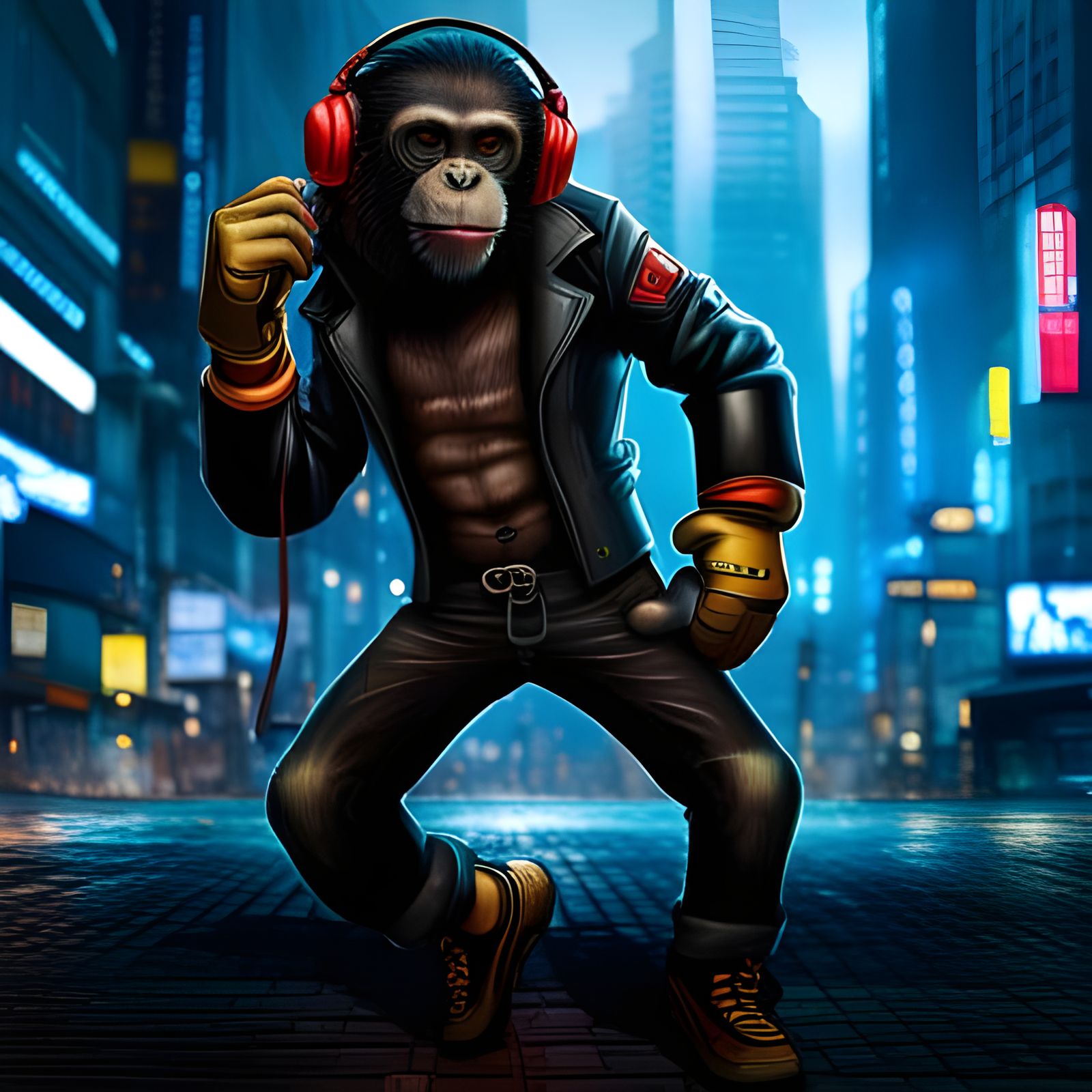 Cyberpunk Chimpanzee DJ in Detailed Street Scene