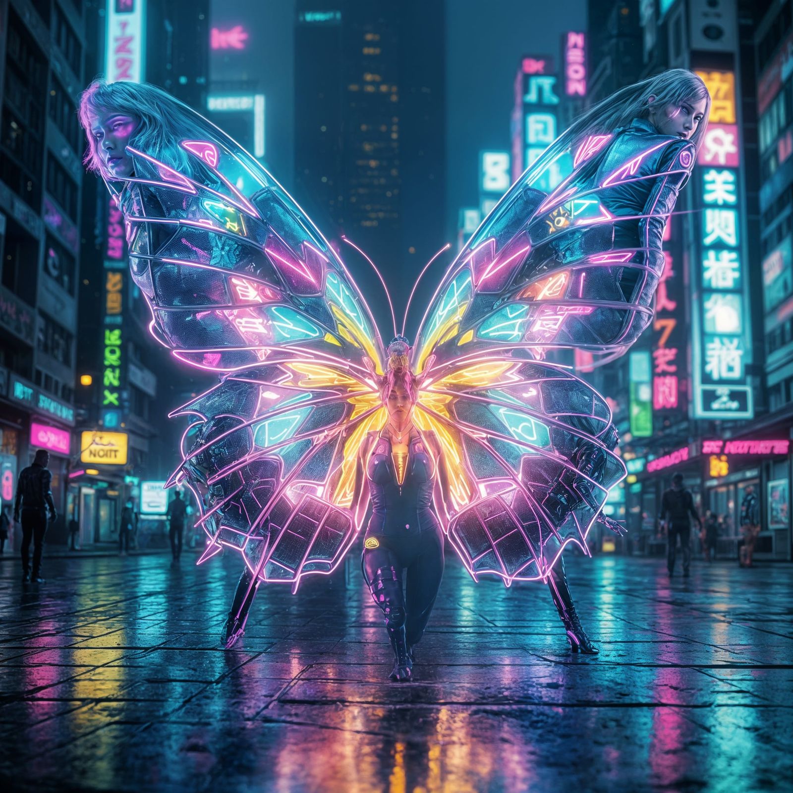 Neon Cyberpunk Butterfly in a Futuristic Metropolis