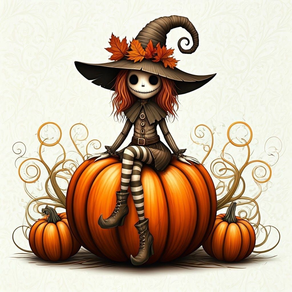 Eerie Gothic Character on Pumpkin Patch in Autumn