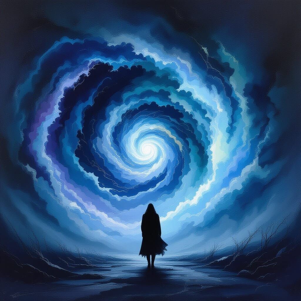 Lone Figure in Cosmic Vortex: Surrealist Oil Painting