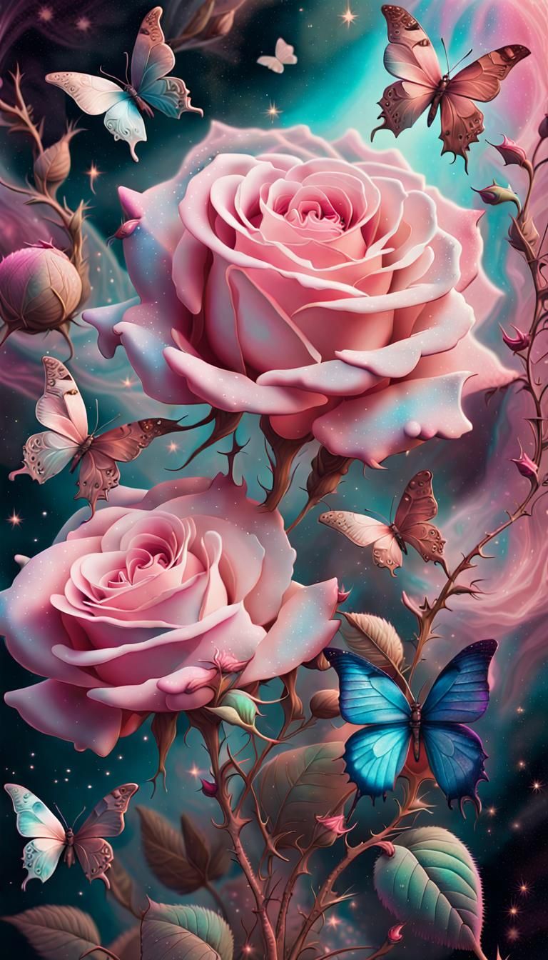 Cosmic Roses and Butterflies in Surreal Style