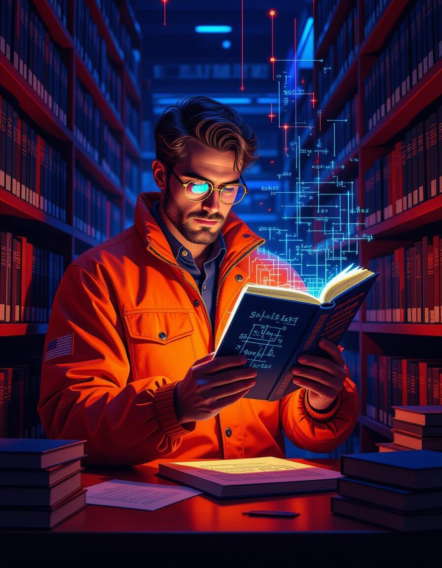 Man in Neon Library with Math Symbols