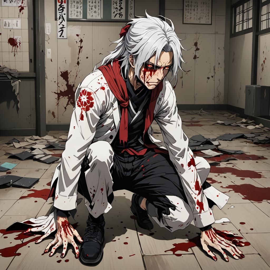 Anime Art: White-Haired Man in Destroyed Hallway