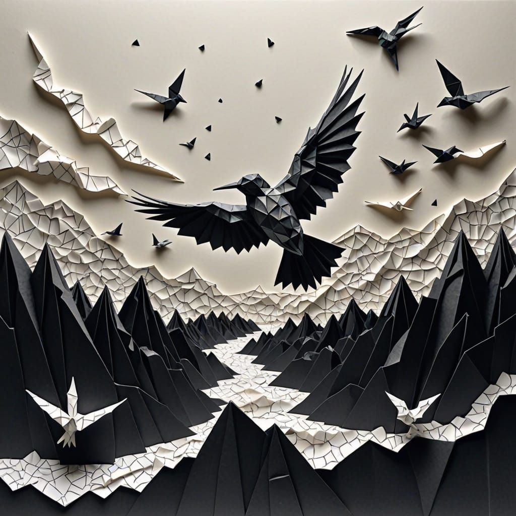 Surreal Paper Landscape of Grief with Origami Bird