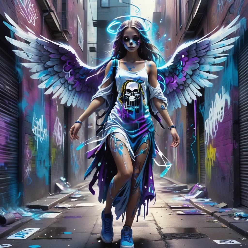 Ethereal Graffiti Angel in Urban Alleyway
