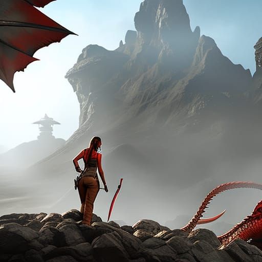 Lara Croft and Dragon: Hyperdetailed 3D Digital Art