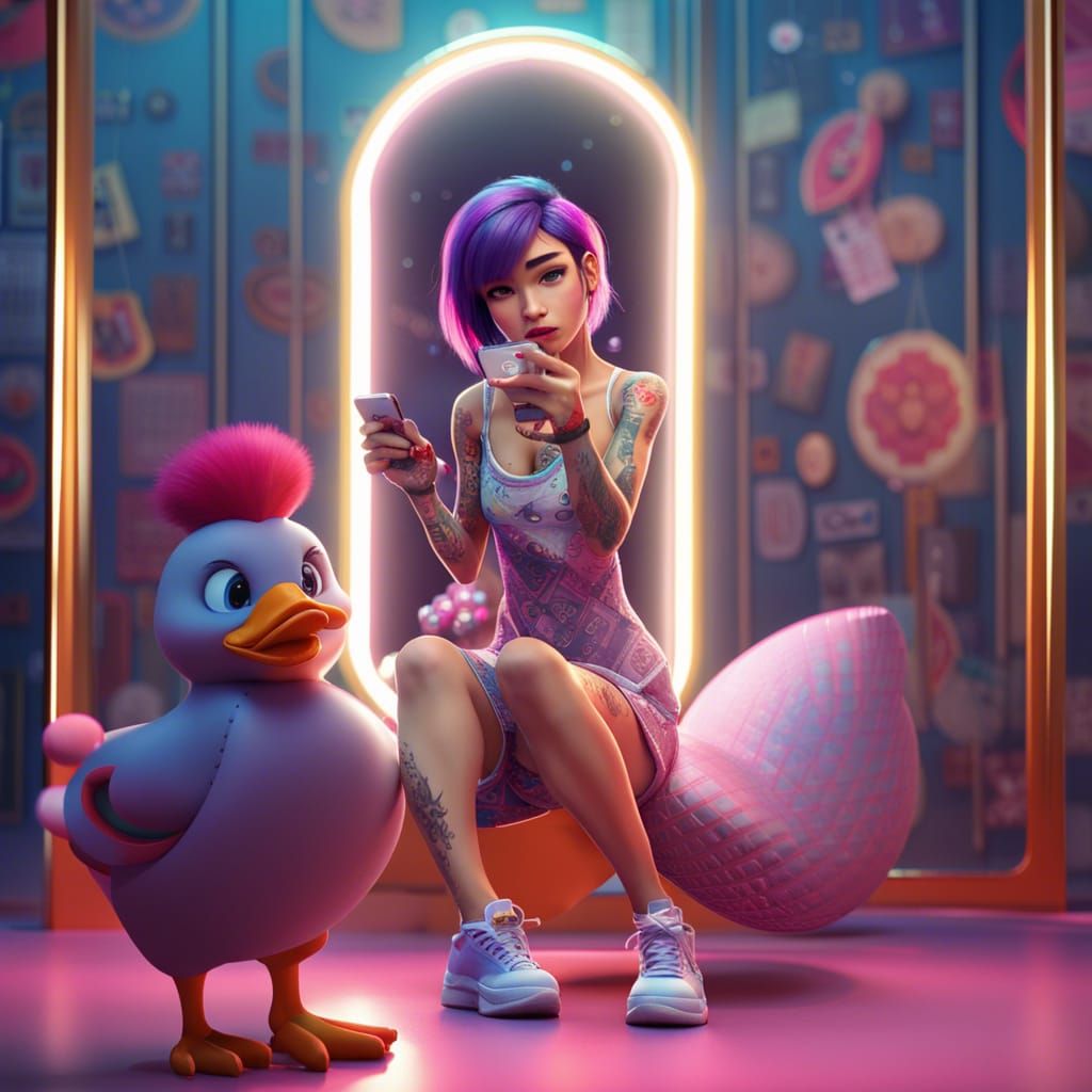 Japanese Woman Selfie with Duck Face, 3D Art