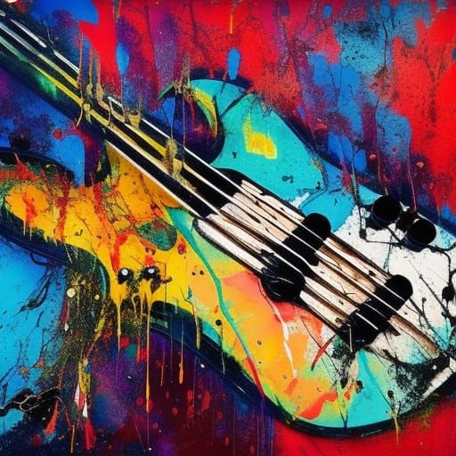 Bass Guitar in Marbled Oil and Paint Splatter Style