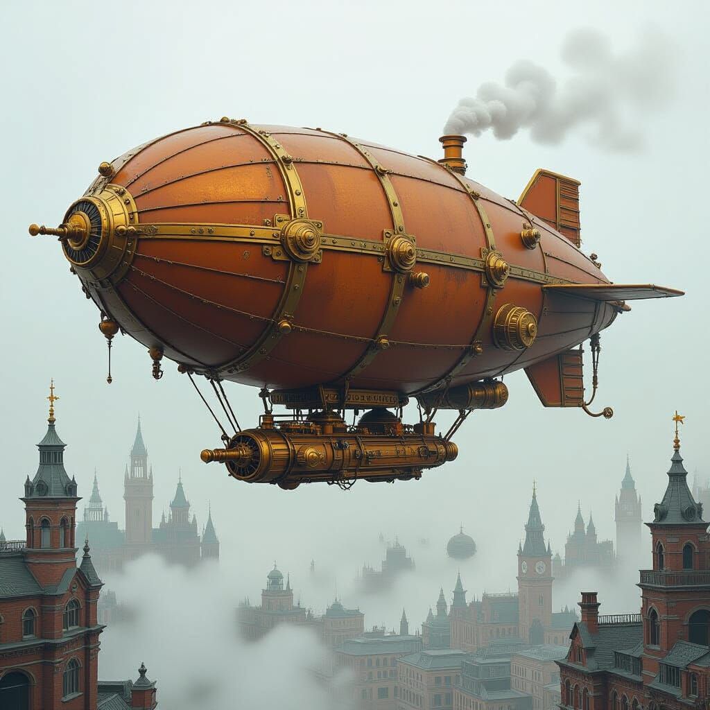 Steampunk Blimp Over Victorian Cityscape