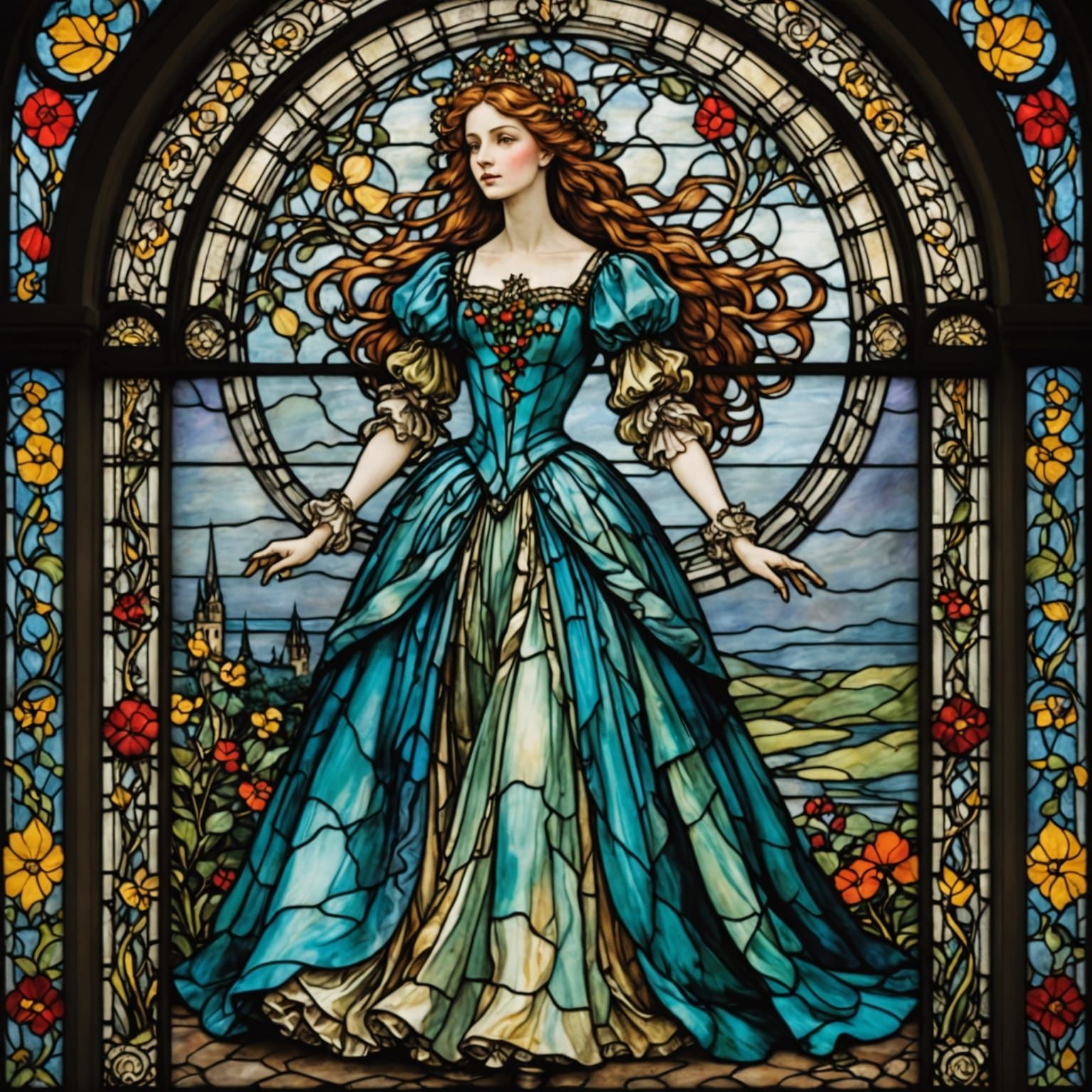 Fairytale Woman in Ballgown Stained Glass Window