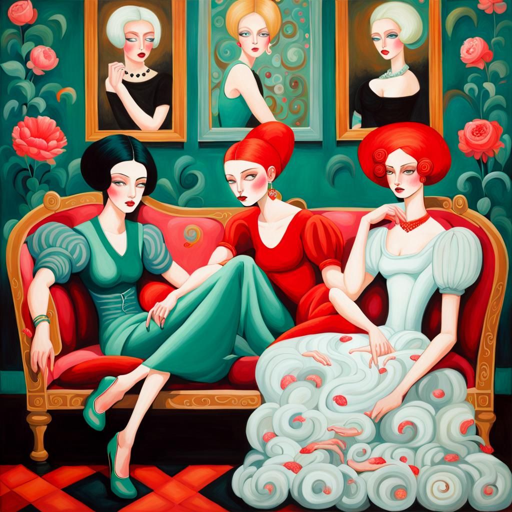 Three Women on a Couch in Illustrative Portraiture