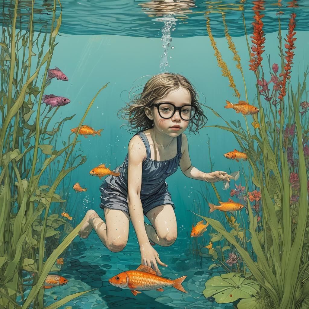 Girl Dives Underwater: Pen and Ink Illustration