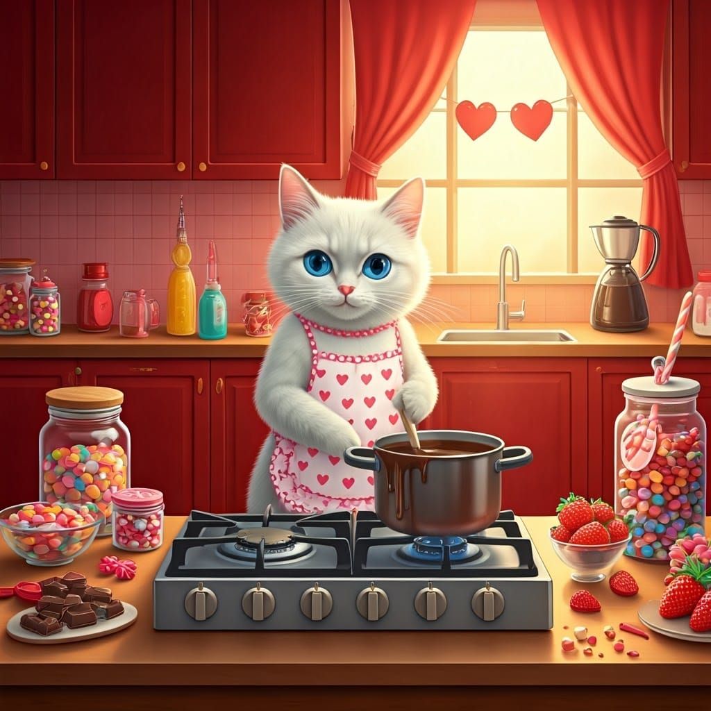 Whimsical Valentine's Kitchen Scene with a Charming Cat