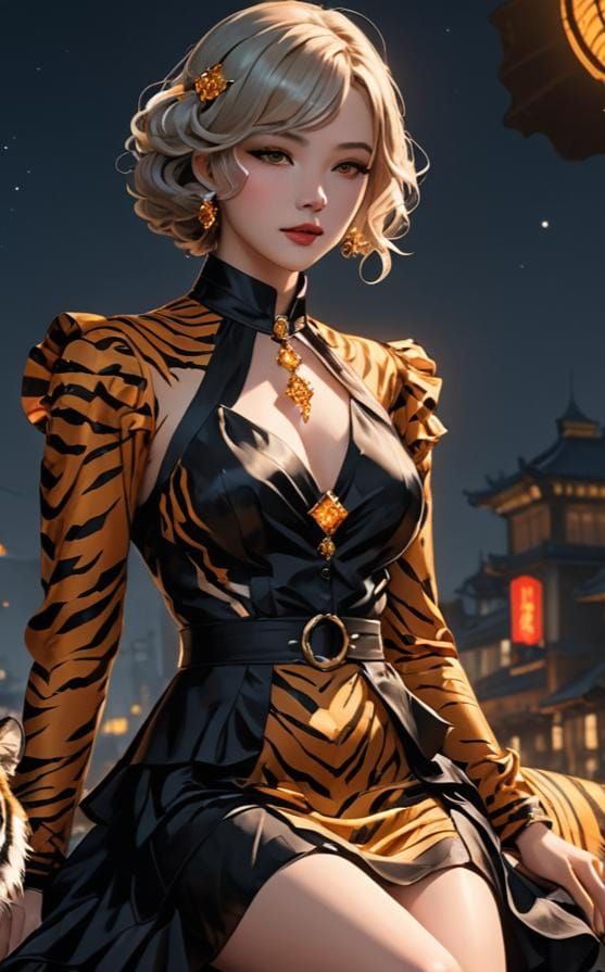 Woman with Leashed Tiger in 1930s Anime Style