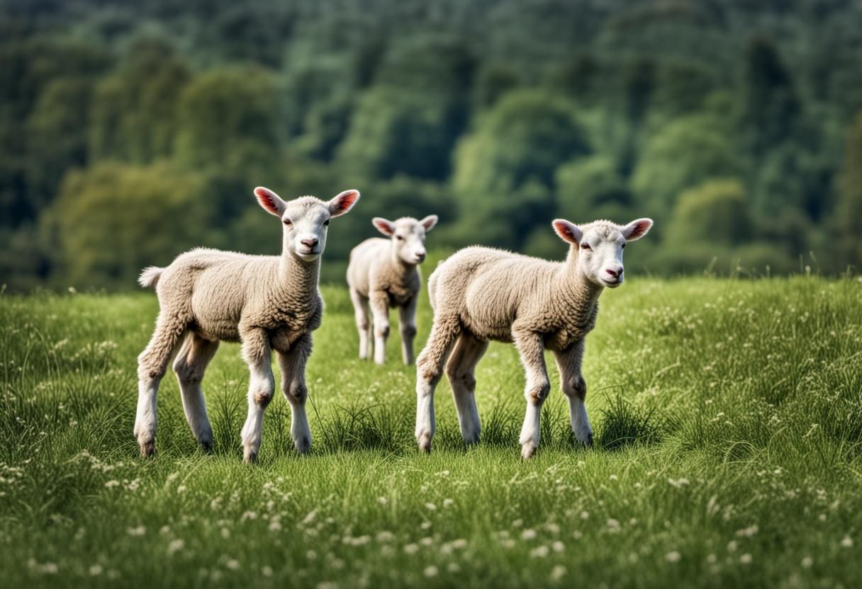Hyperrealistic Lambs Grazing in a Colorful Pasture