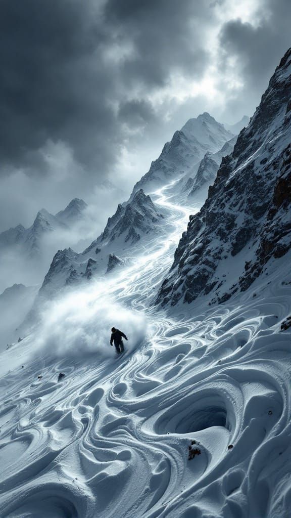 Dark Surrealist Snowboarder Descends Mountain in Swirling Fr...