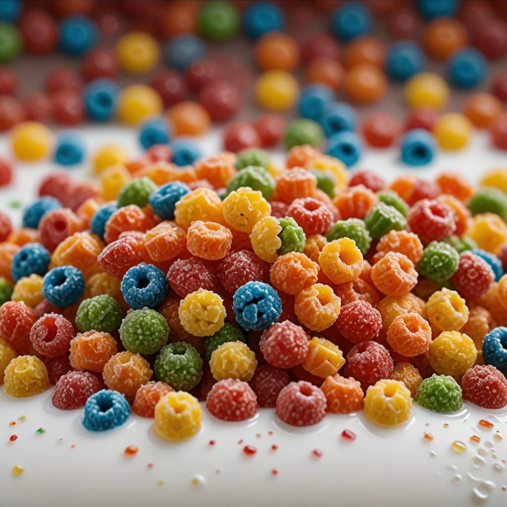 Macro Photography of a Single Fruity Pebbles Cereal Piece