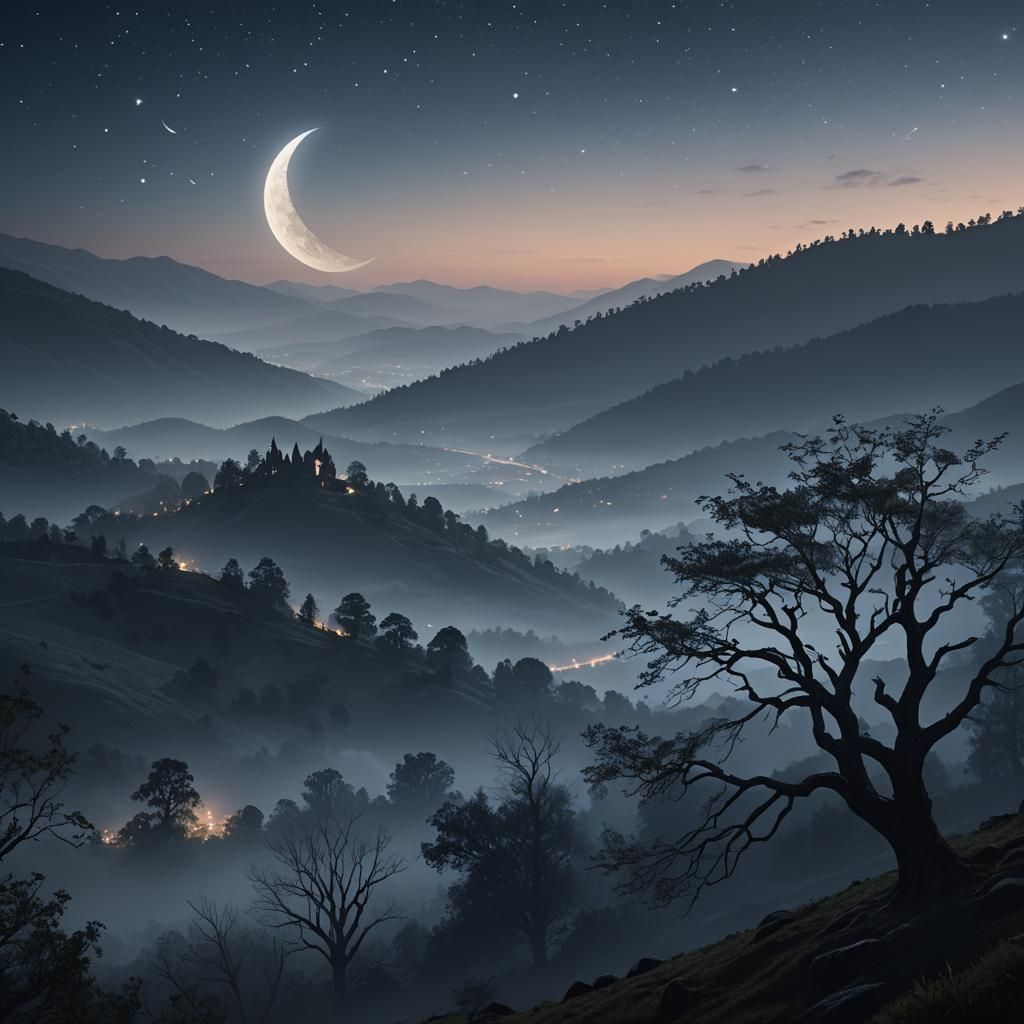 Serene Crescent Moon Over Misty Hills: Matte Painting