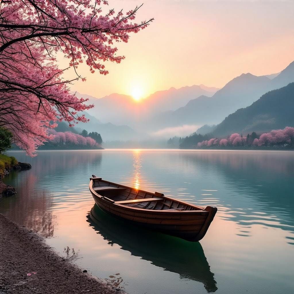 Surreal Landscape with Cherry Trees and Misty Mountains in W...