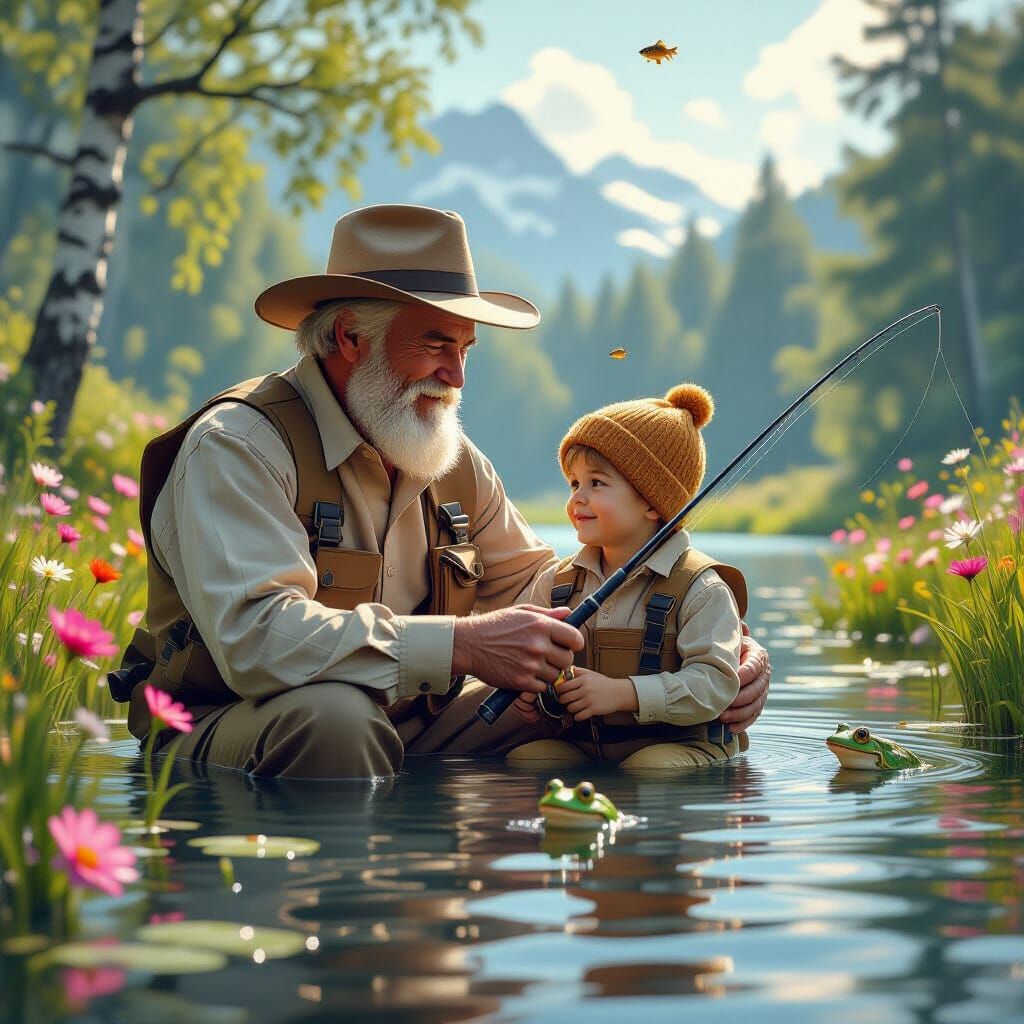 Grandfather and Grandson Fishing in Springtime Lake
