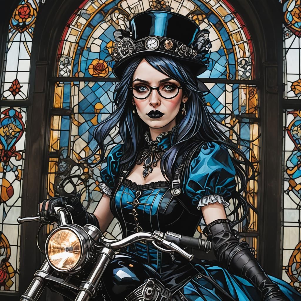 Gothic Punk Girl on Motorcycle in Stained Glass Style