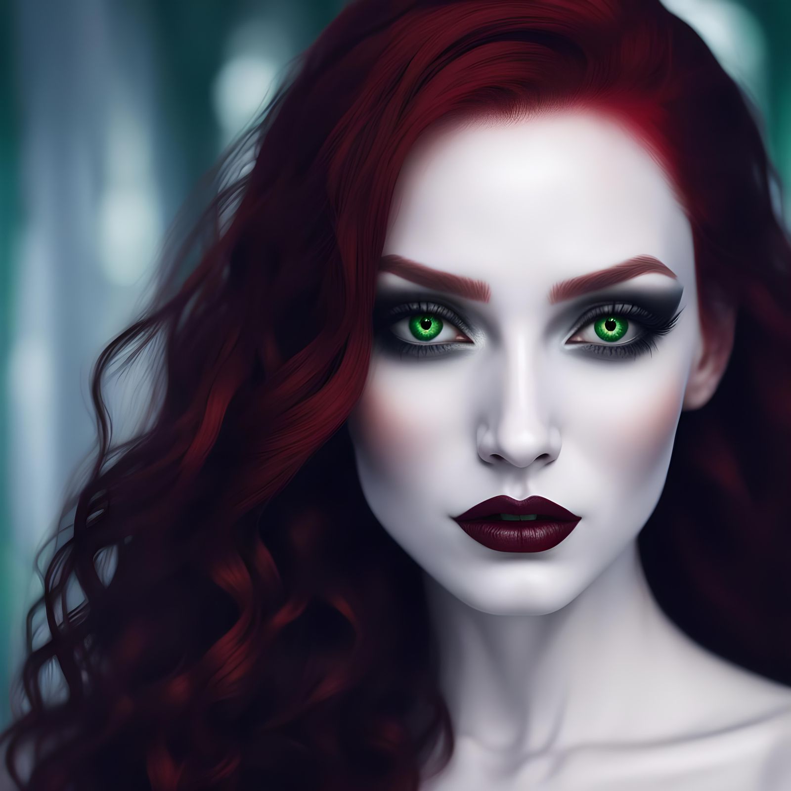 Ethereal gothic young lady with wavy crimson red hair and gr...