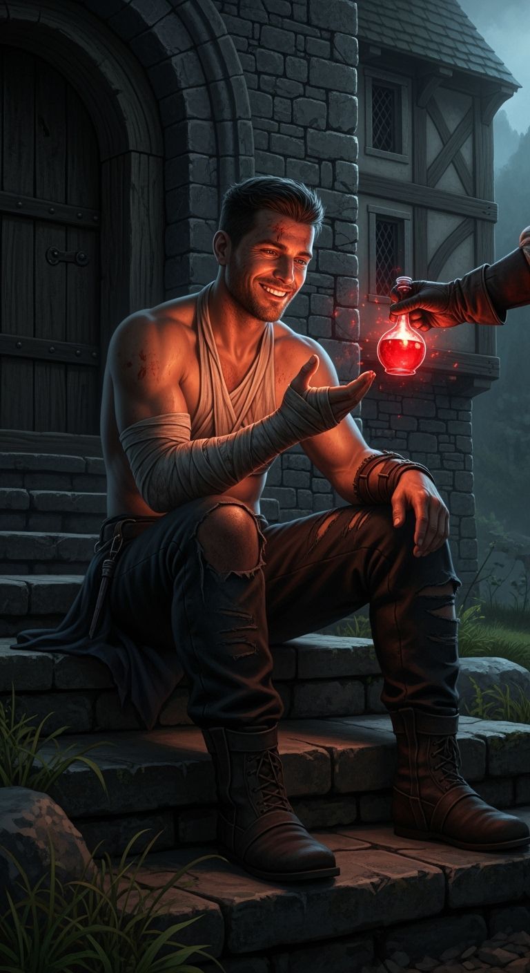 Dark Fantasy Scene: Man Receives Glowing Potion