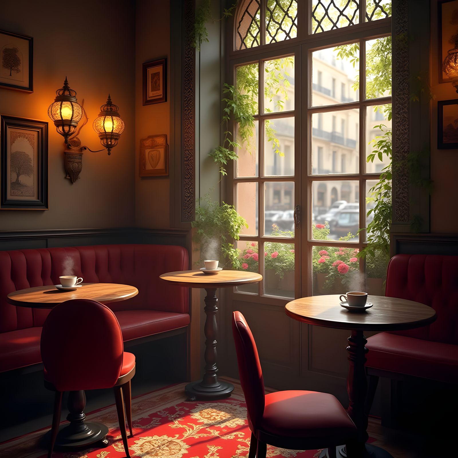 Cozy Parisian Cafe with Soft Lighting and Steaming Coffee