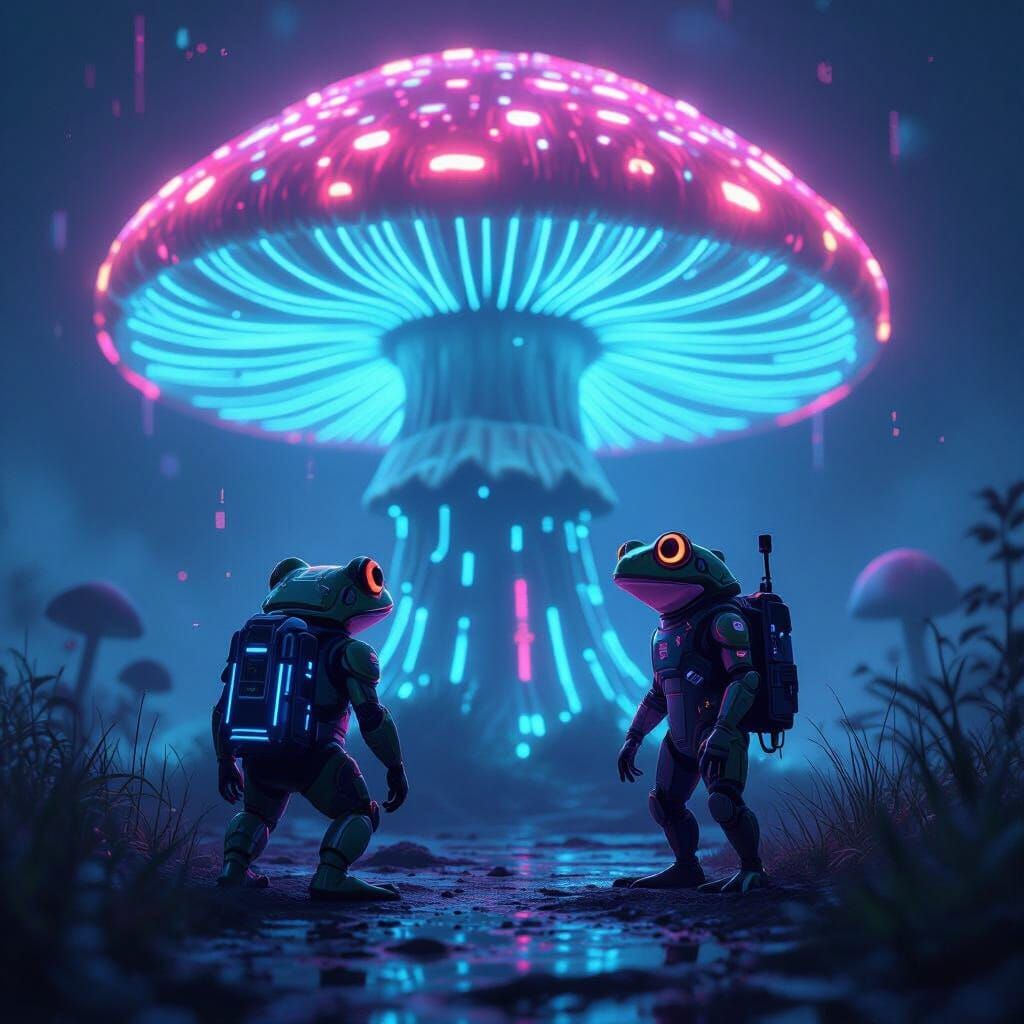 Frog in Tech Armor Among Bioluminescent Mushrooms