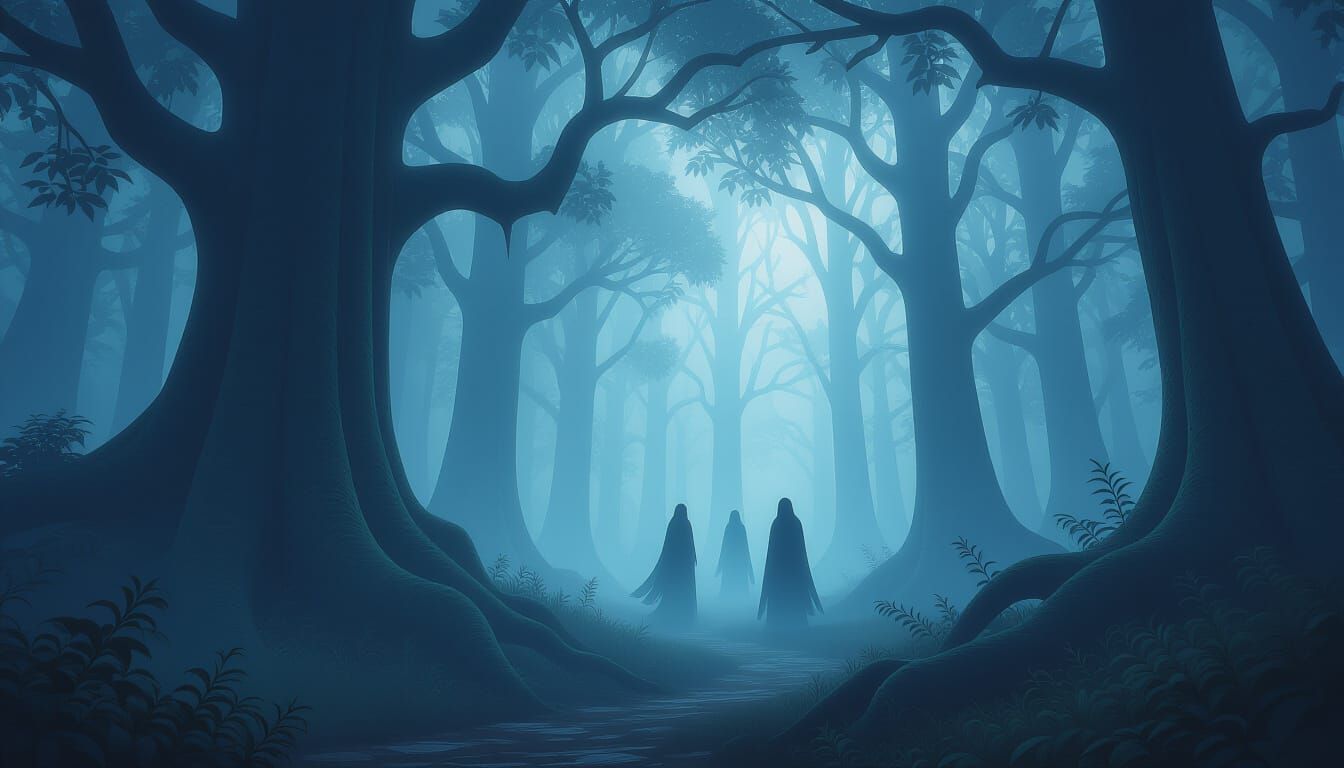Surreal Enchanted Forest with Ghostly Figures in Dark Fantas...