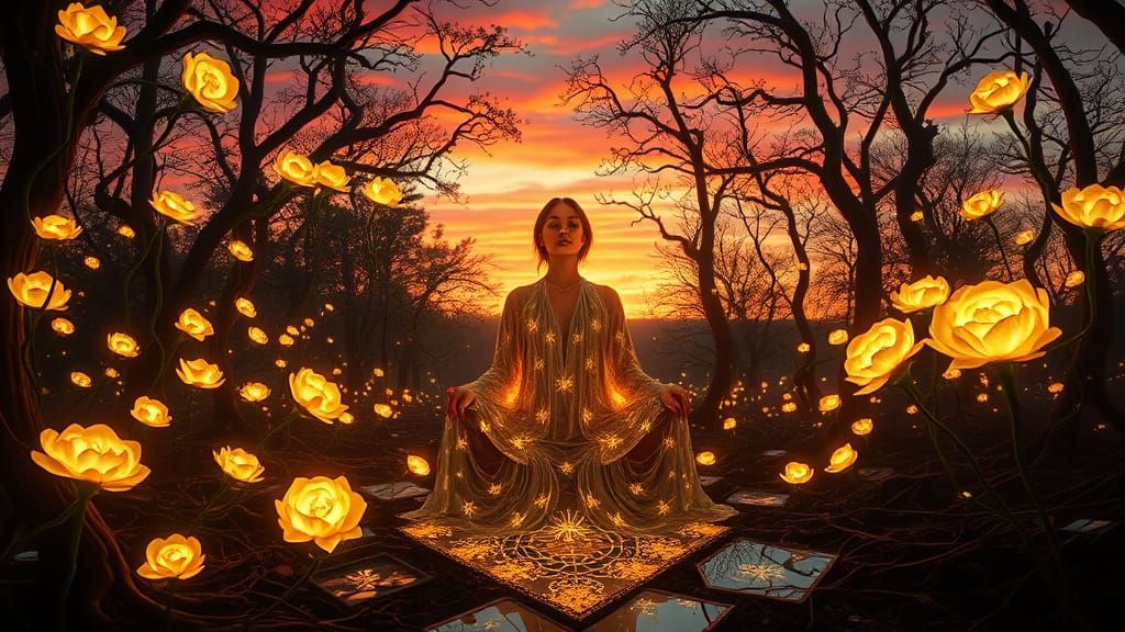 Mystical Woman Meditates in Golden Sunset Paradise