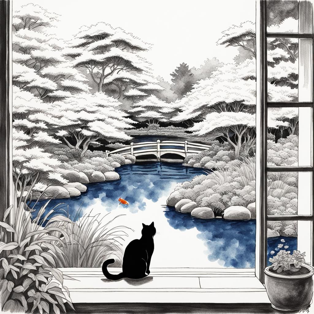 Black and White Cat in Japanese Garden Ink Drawing
